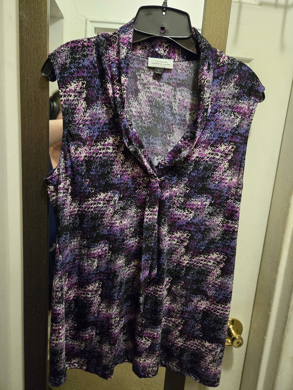 Tahari ASL Purple and Black Print Tie-Neck Sleeveless Top